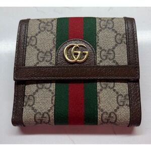 Auth Gucci Ophidia GG Supreme Bi Fold Wallet Brown Canvas Leather Gold‎ GG Logo